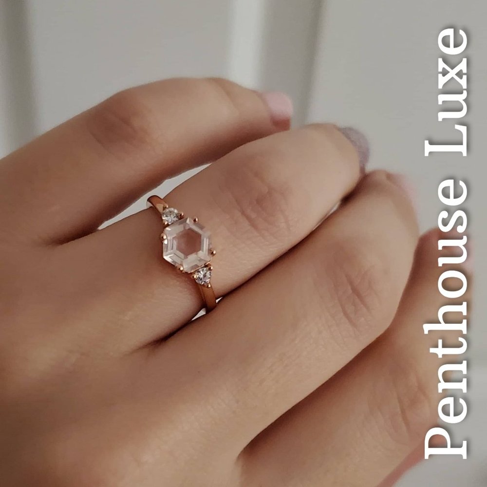 REAL Rose Quartz Hexagon Rose Gold 925 Ring - Picture 5 of 7